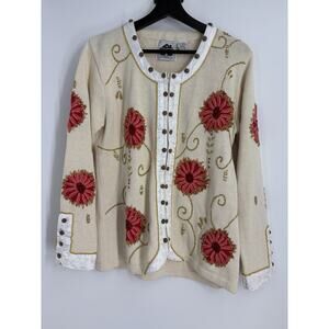 Vintage Storybook Knit Cardigan Womens Embroidered Floral Cottagecore Granny